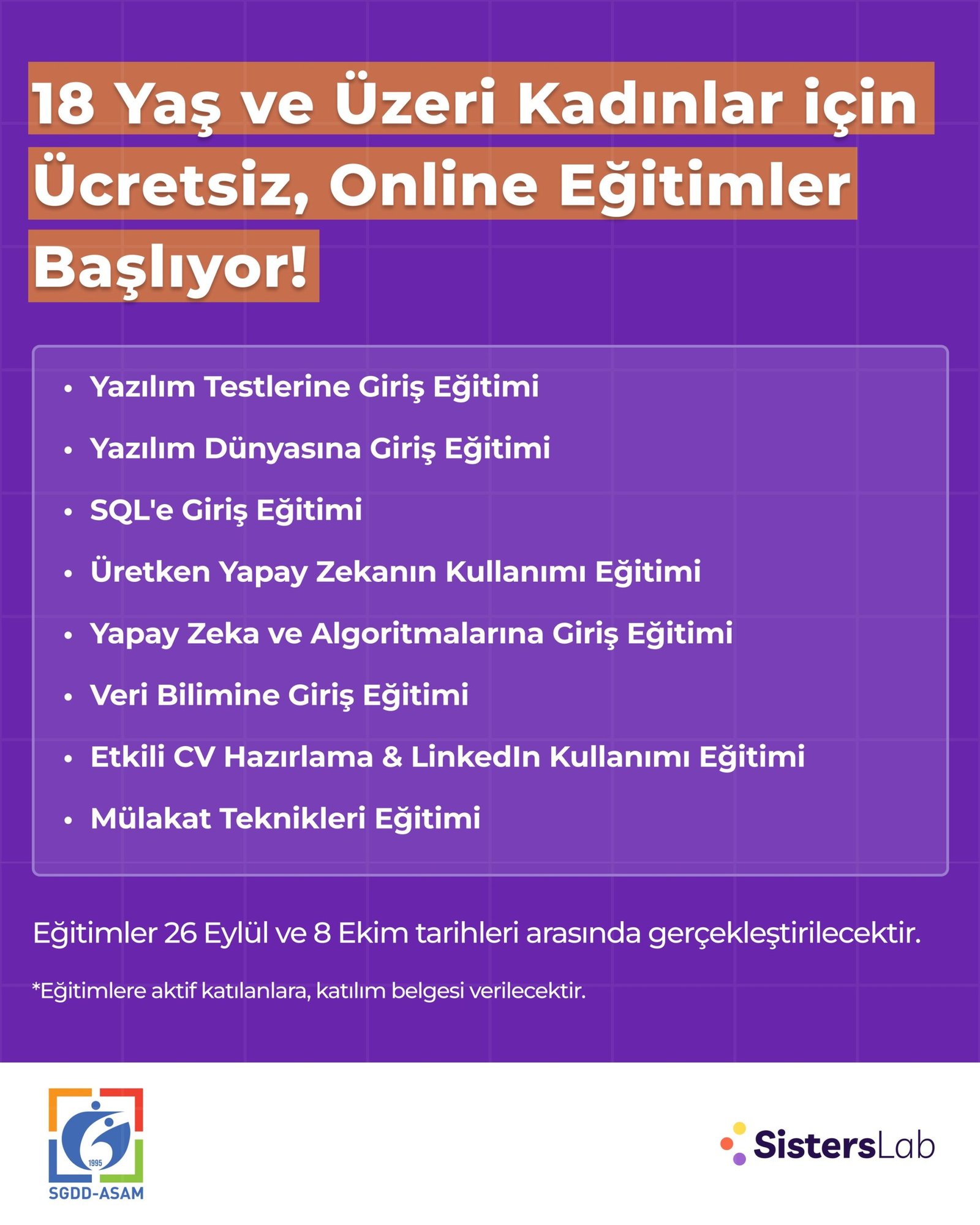 18 Yaş Üzeri Kadınlar için Ücretsiz & Online Tek seferlik Eğitimler